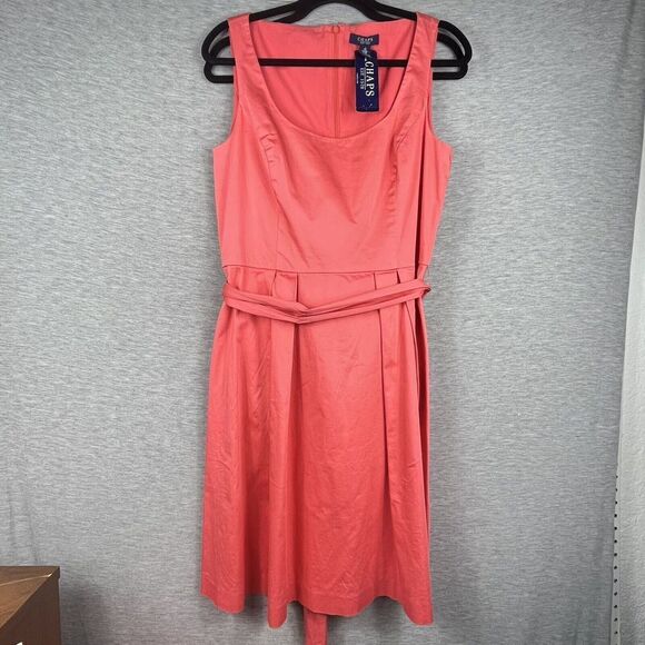 Chaps Coral Pink Fit And Flare Sleeveless Dress with Belt Size 14 NWT MSRP $80 - Picture 1 of 14